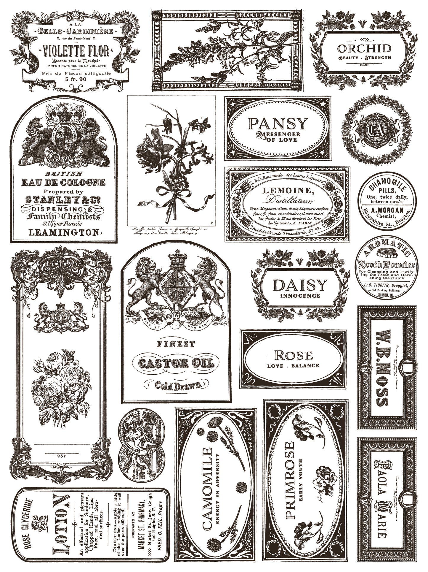 Collection of vintage-style product labels and stamps with flowers and texts