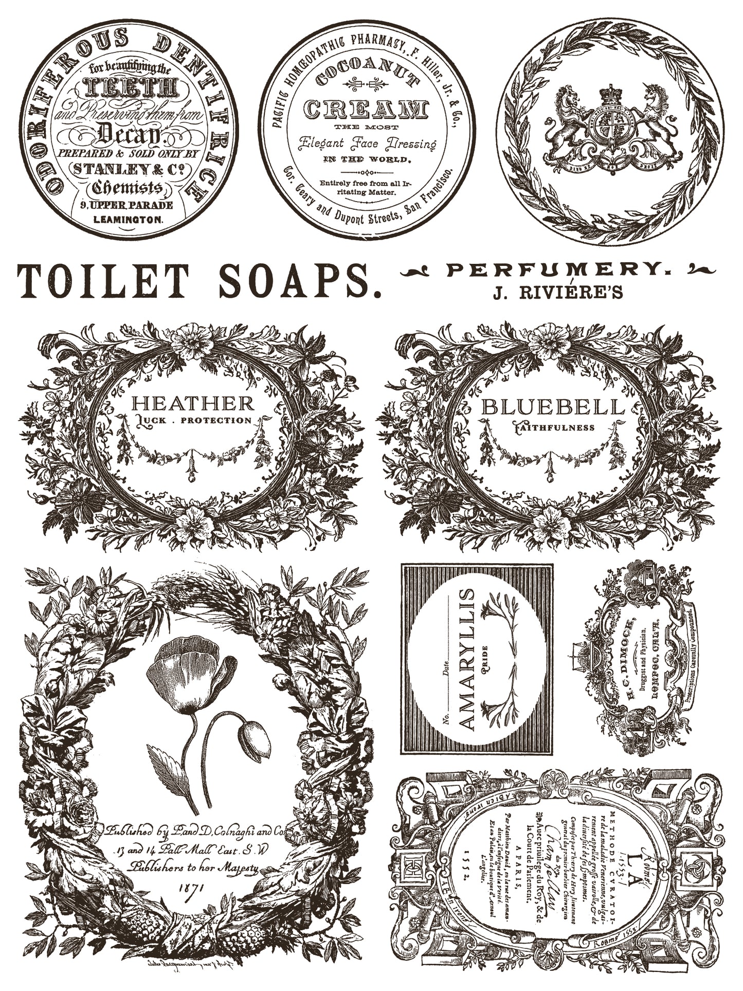 Collection of vintage-style soap and perfume labels with decorative elements.