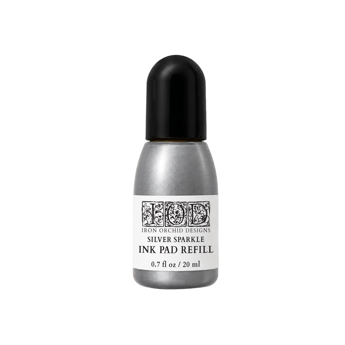 Silver Sparkle Ink Pad Refill by Iron Orchid Designs in a metallic silver bottle with a black cap and white label, centered on a white background.