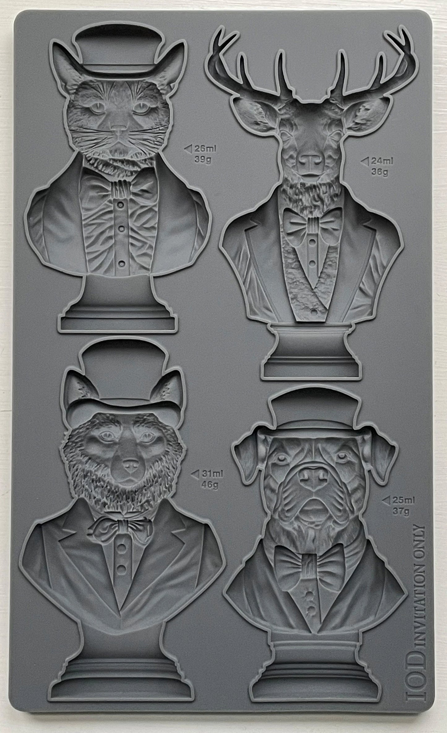 A set of four animal molds including a cat, deer, and dog, designed in a whimsical style with decorative elements, part of the IOD Decor Mould, 'Invitation Only'.
