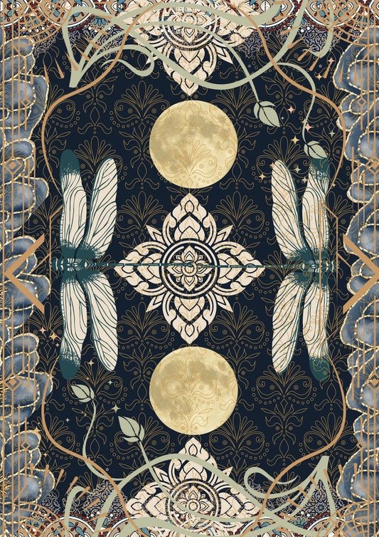 A sheet of decoupage paper with a mirrored bohemian pattern featuring two dragonflies, two moons, and geometric designs in colorful hues.