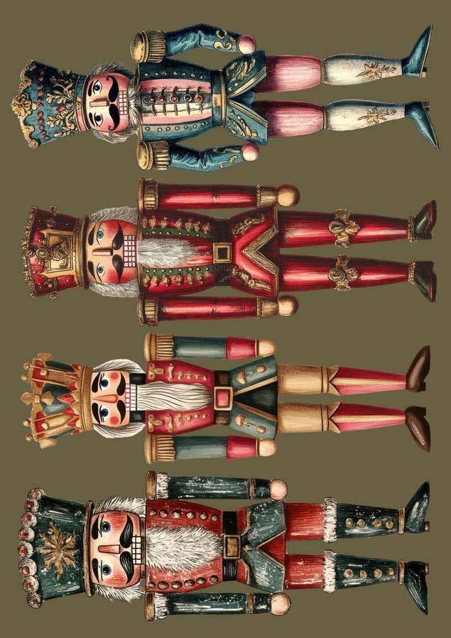 A decoupage paper with four ornate nutcrackers in different poses on a brown background