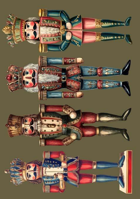A decoupage paper with colorful nutcracker figurines on a brown background