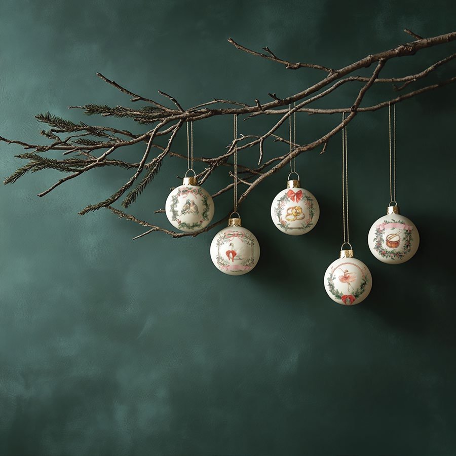 Decorative Christmas ornaments with IOD transfer designs, all hanging from a branch against a dark green background