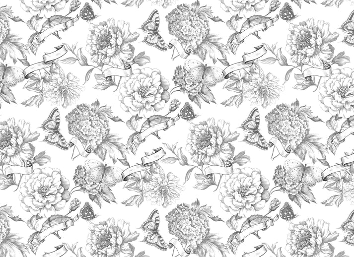 Black and white floral and ribbon pattern on a white background