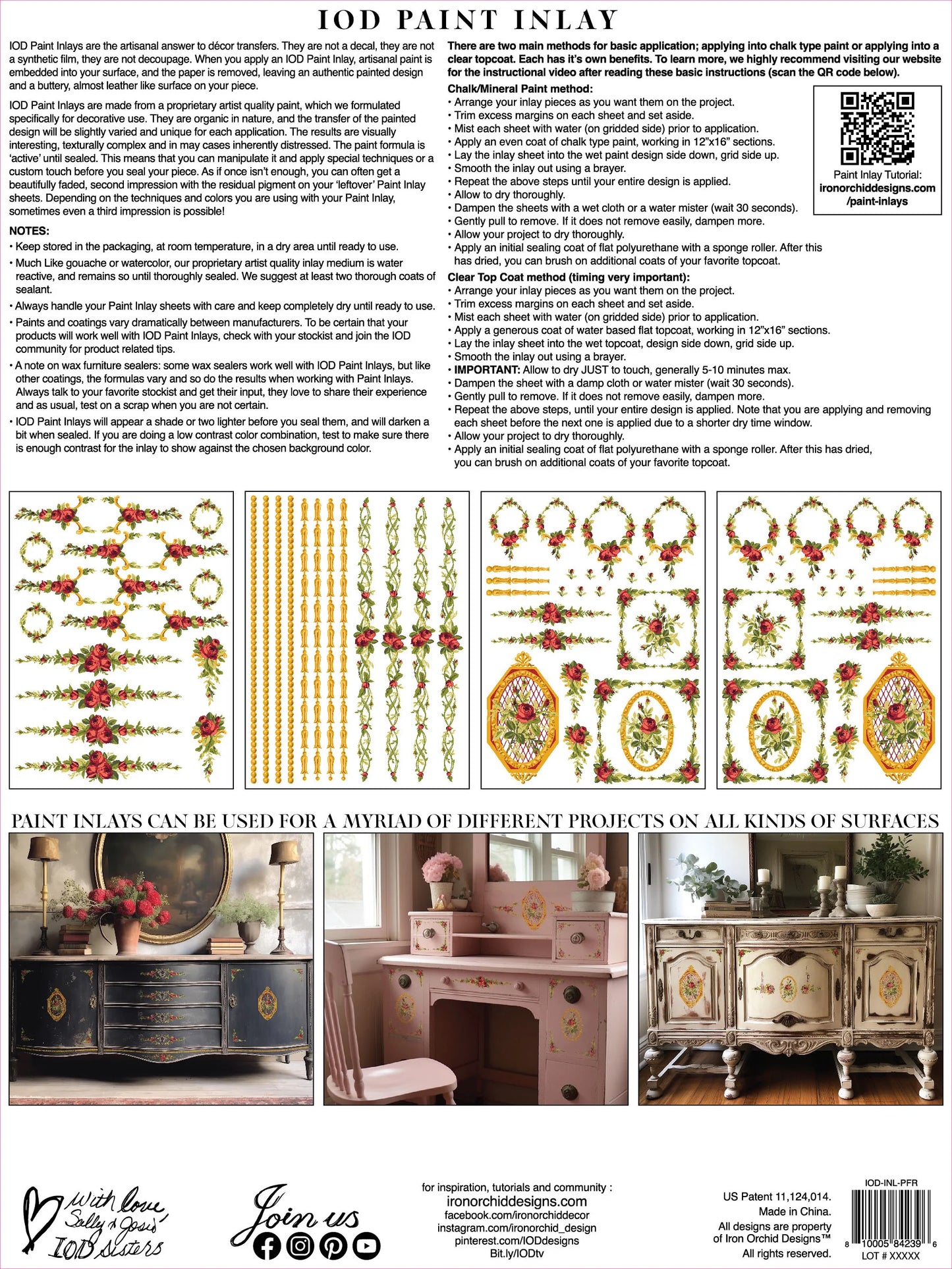 Back cover of IOD's Paint Inlay "Petite Fleur Red" with preview of inlay pages and instructions on use.