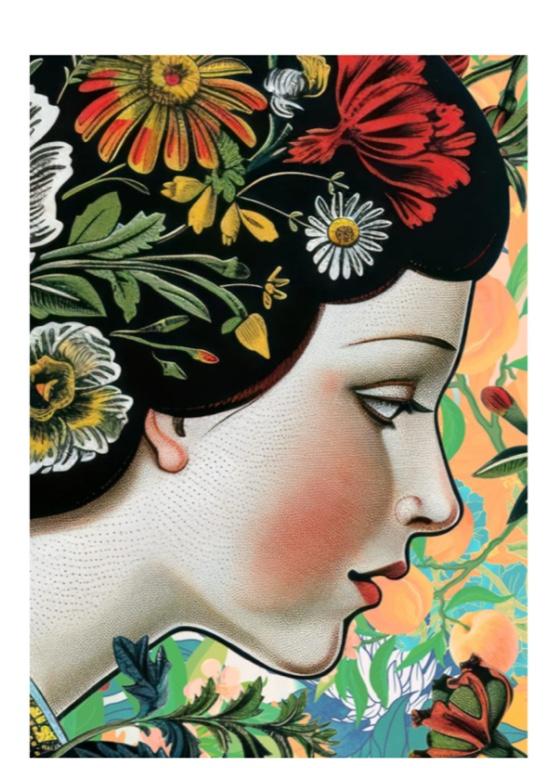 Artistic depiction of a woman's profile with floral and butterfly elements on decoupage paper