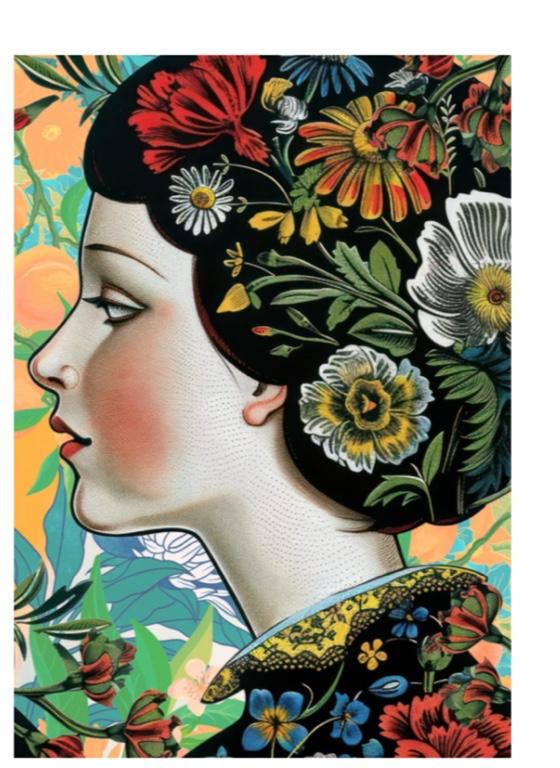 Artistic depiction of a woman's profile with floral elements on a colorful background on decoupage paper