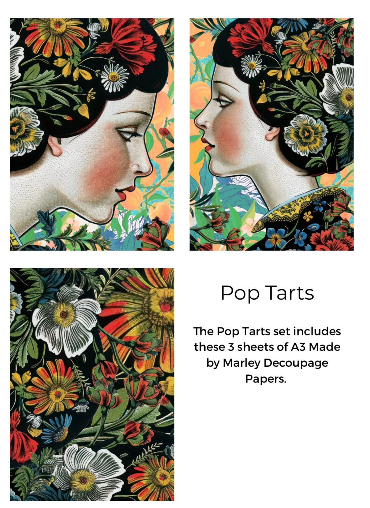 Decorative paper sheets with floral designs and a woman's face, featuring the brand 'Pop Tarts'.