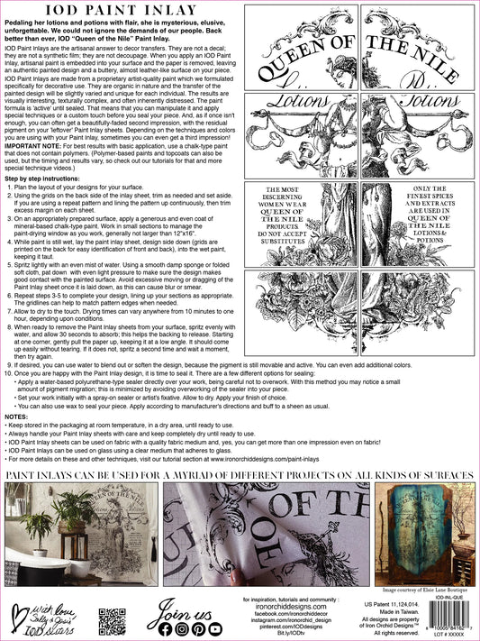 Instructions for IOD Queen of the Nile paint inlay with illustrations and text.