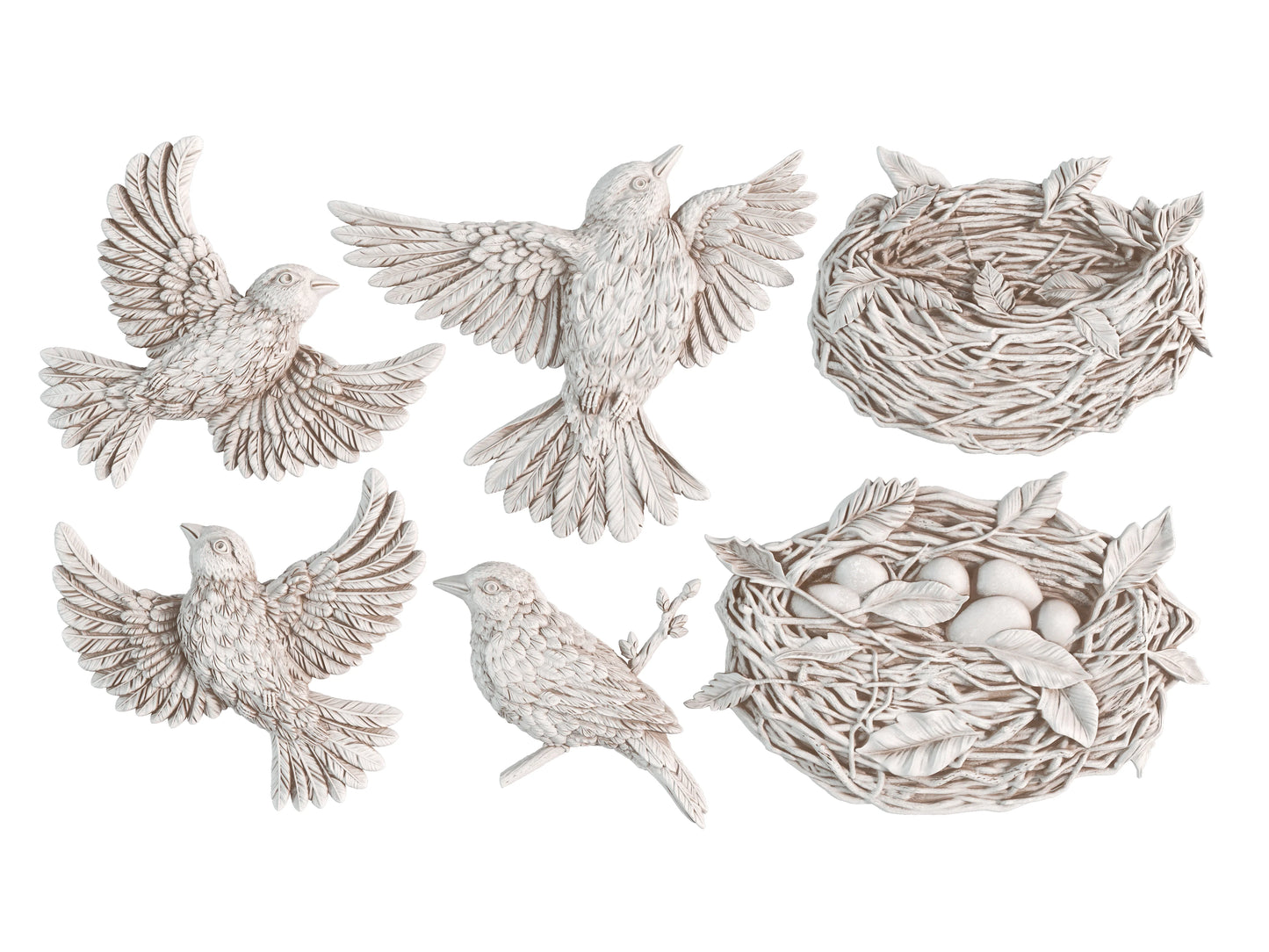 6 Clay castings from the IOD 'Sparrow's Nest mould', featuring 4 clay cast birds and 2 clay cast nests on a white background.