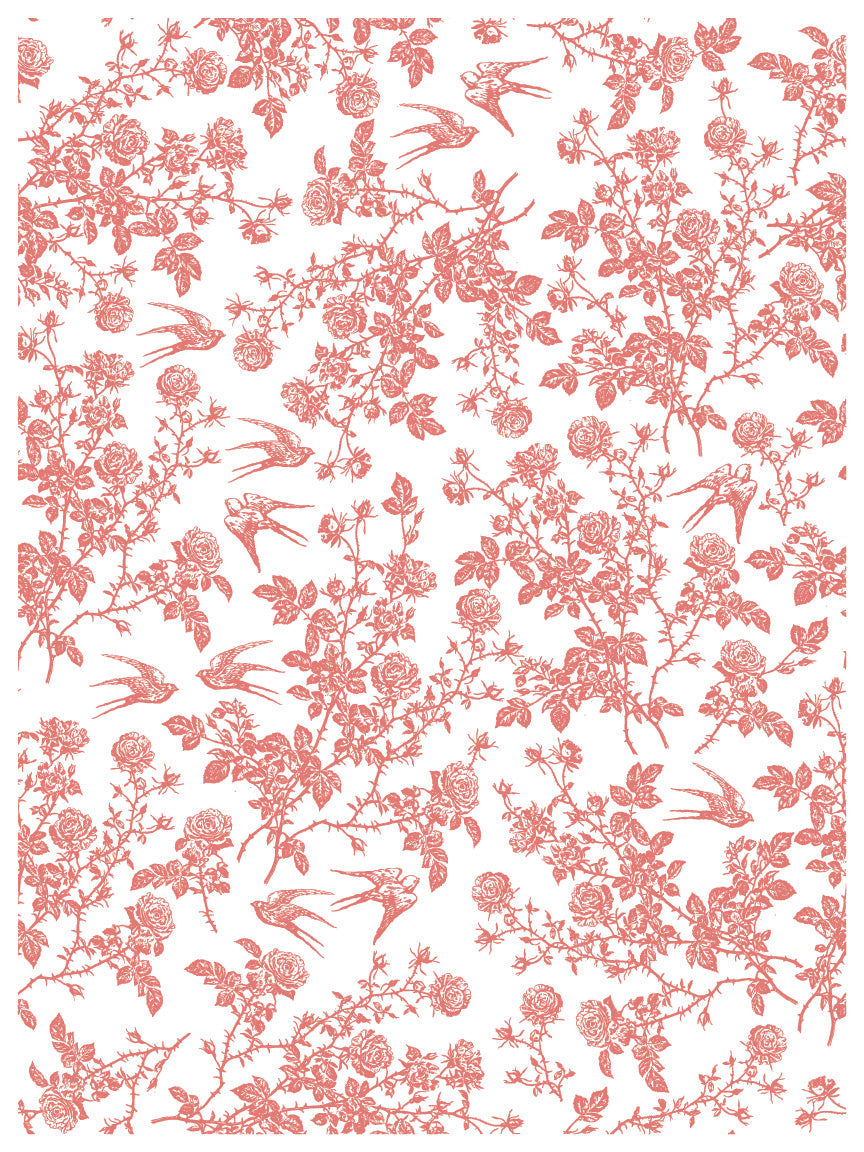 An Inlay page from 'Spring Melody' featuring swallows, roses, and thorns in a vintage red wallpaper format.