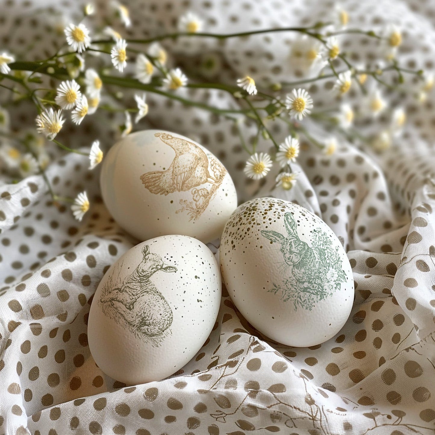 3 Spring eggs decorated with animals from the 'Spring Melody' Paint Inlay.