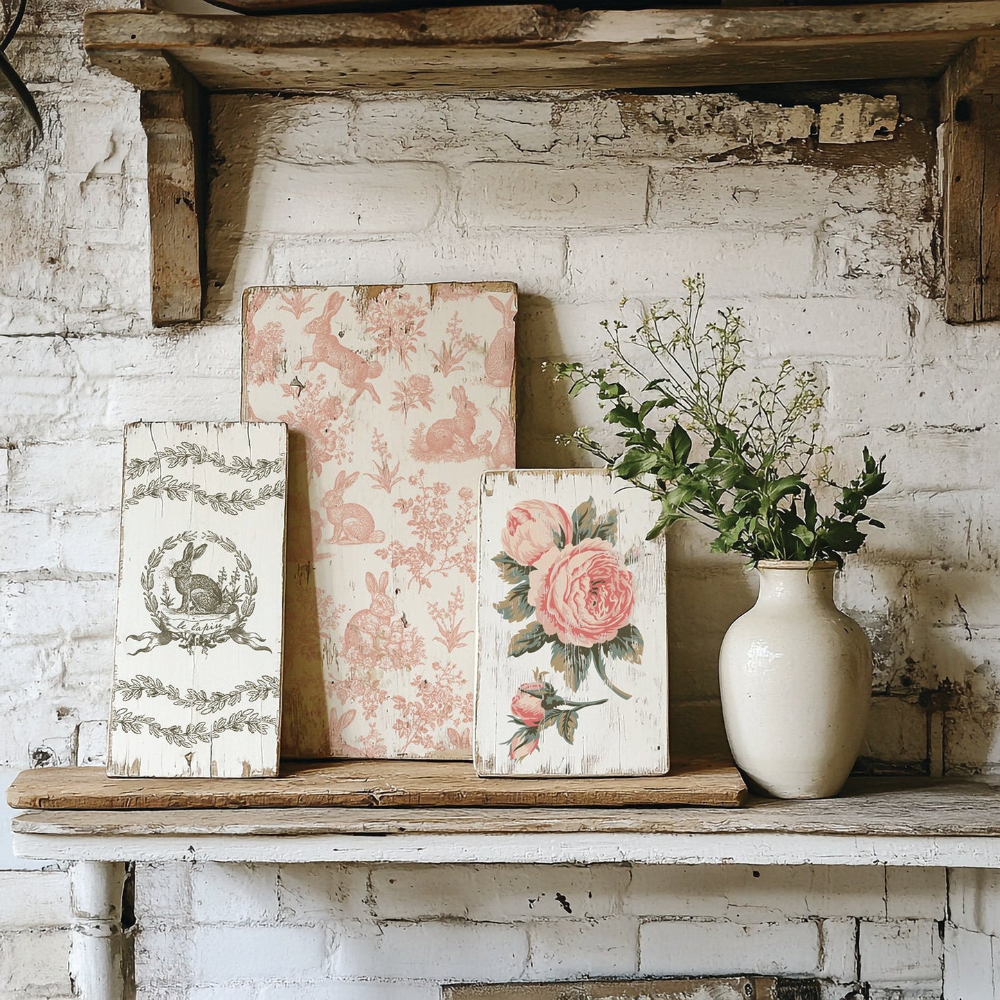 Slabs of wood against brick, decorated with flowers and rabbits from the 'Spring Melody' Paint Inlay.