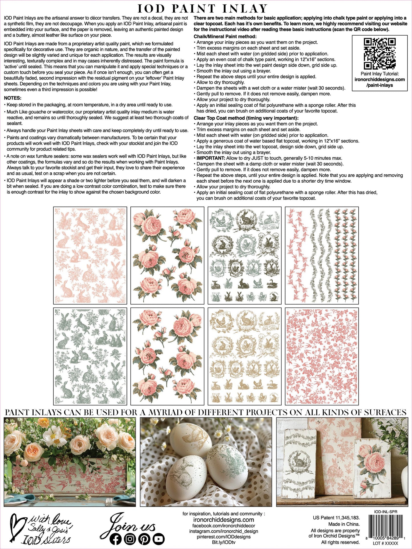 Back cover of IOD 'Spring Melody' Paint Inlay, with previews of all 8 pages and instructions on how to use Paint Inlays.
