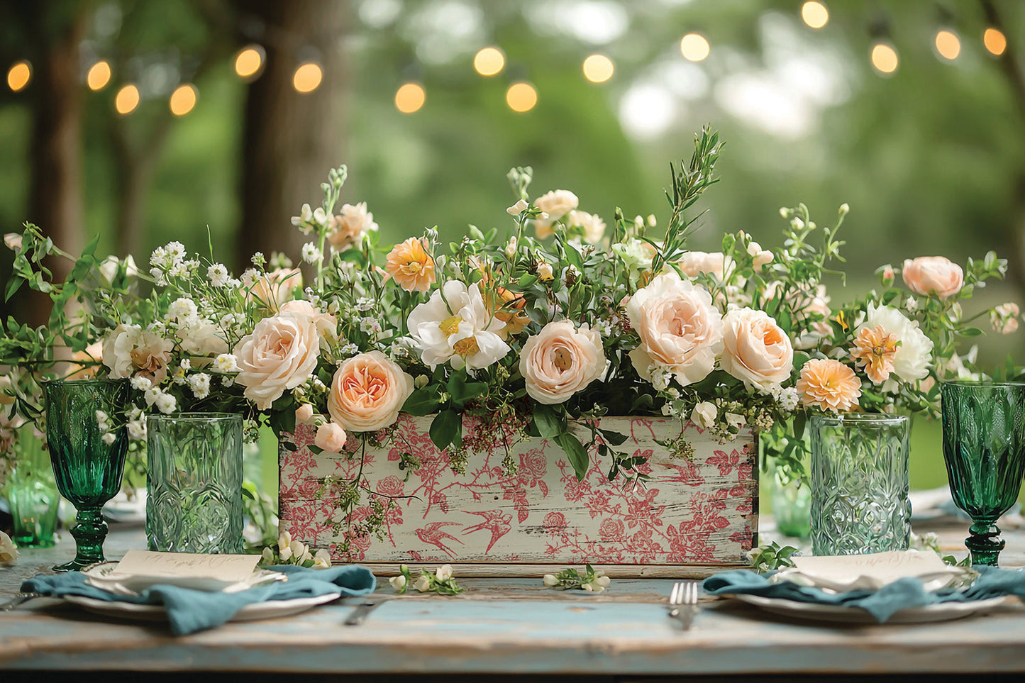 A box full of roses decorated with a floral bird pattern from the 'Spring Melody' Inlay.