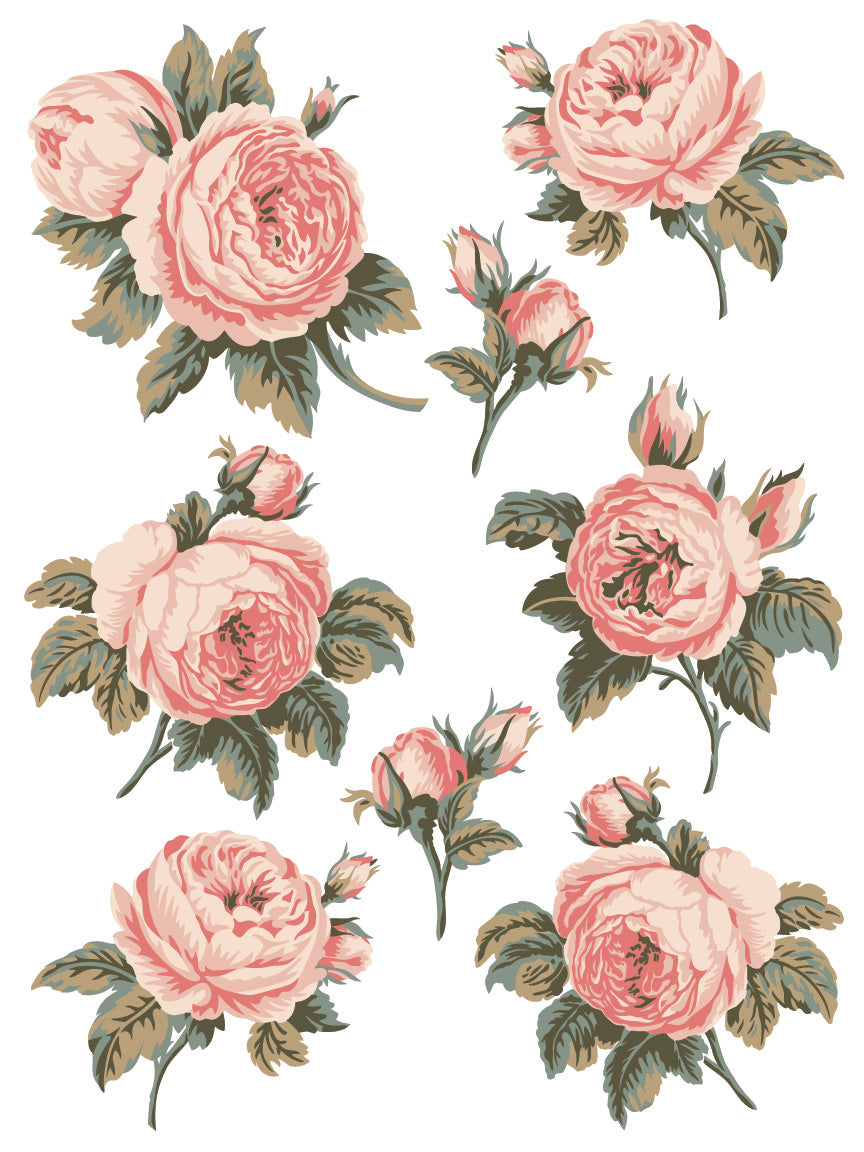 A sheet from the 'Spring Melody' Inlay collection with 6 roses and two rose buds in pink.