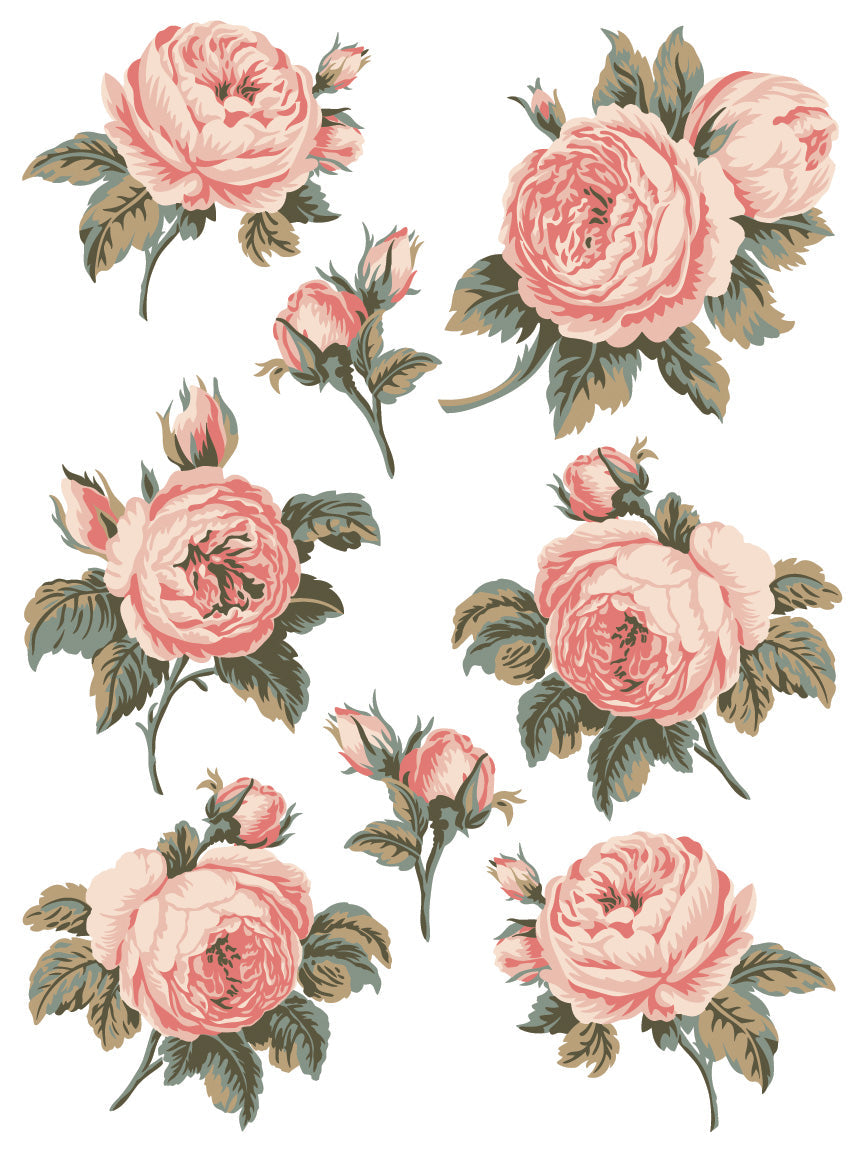 A sheet from the 'Spring Melody' Inlay collection with 6 roses and two rose buds in pink.