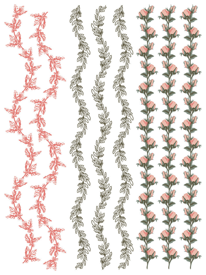 An inlay page from 'Spring Melody' featuring pink and green vines and a vine of roses.