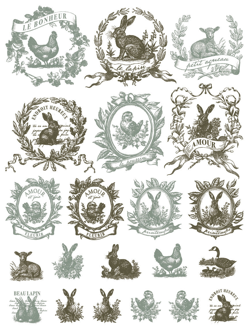 An inlay page from 'Spring Melody' with framed birds and rabbits in a vintage style.