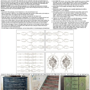 Back cover of the Trompe Laurel Inlay from IOD, with previews of the surface patterns and instructions on using paint inlays.