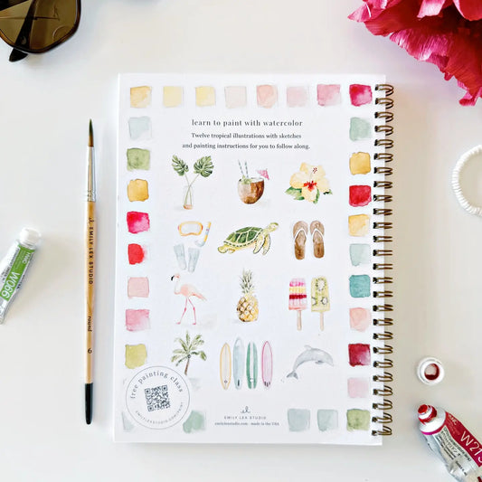 Back cover of a tropical themed watercolor workbook, featuring 12 illustrations by Emily Lex.
