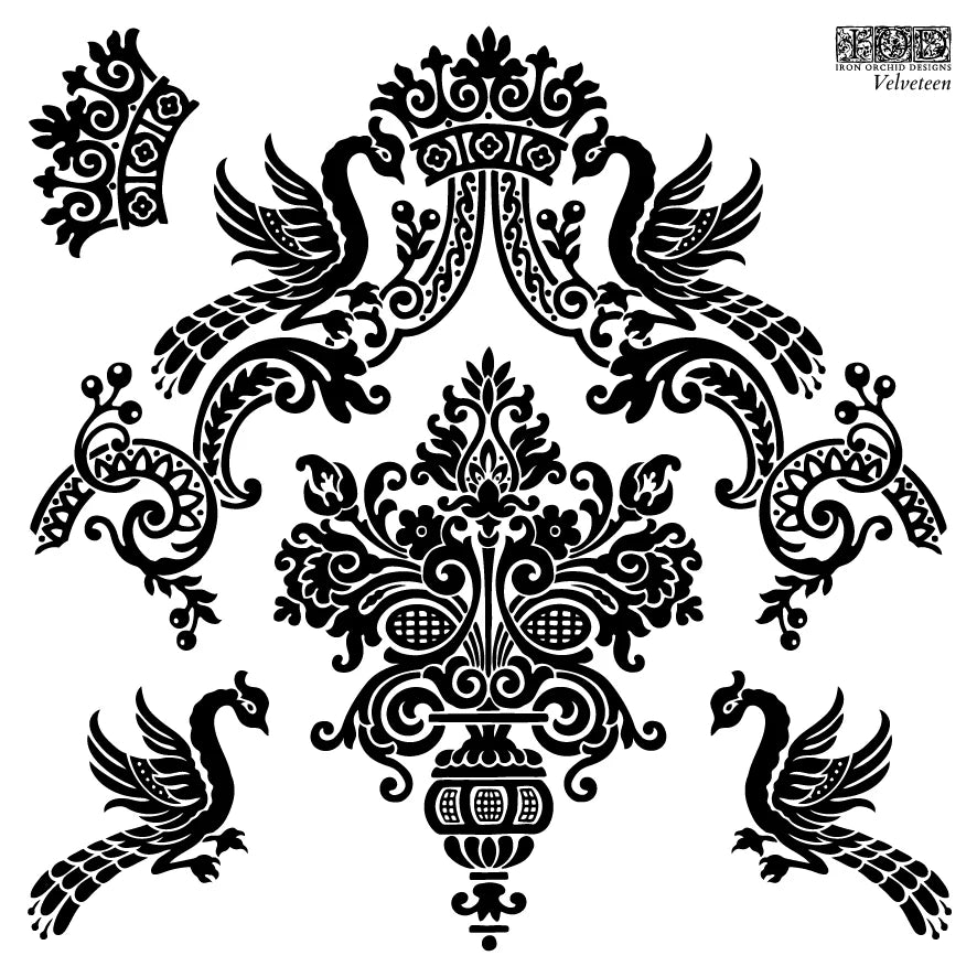 A Damask tile stamp featuring swags, birds, and a crown, titled 'Velveteen' from IOD.
