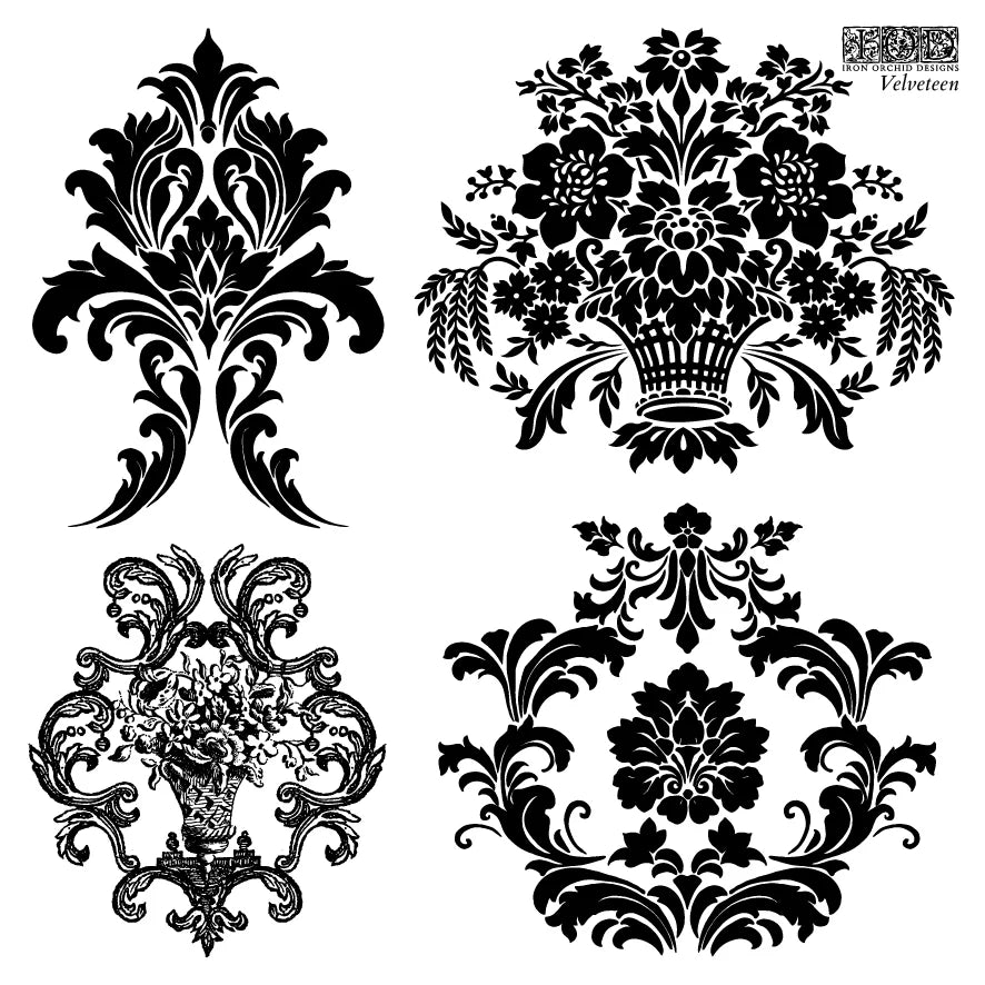 A sheet from the 'IOD Velveteen Stamp Set' with four different damask floral arrangements for stamping.