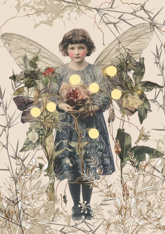 Decoupage paper with a collage of a child with fairy wings surrounded by flowers and leaves