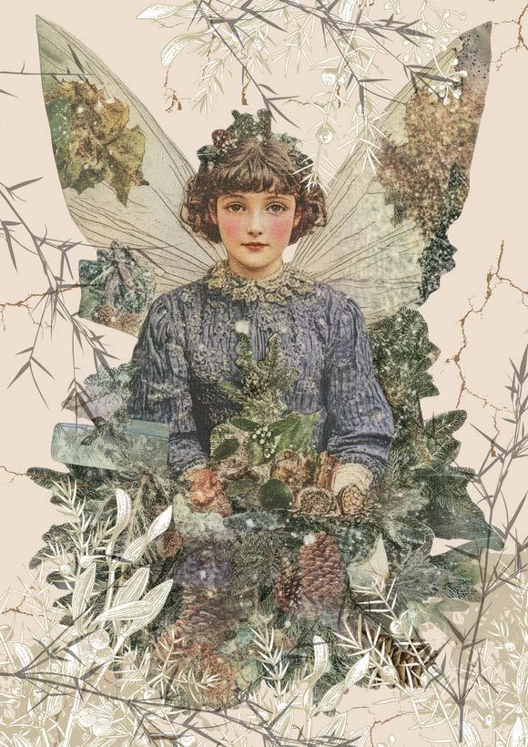 Decoupage paper featuring a fairy surrounded by holiday elements.