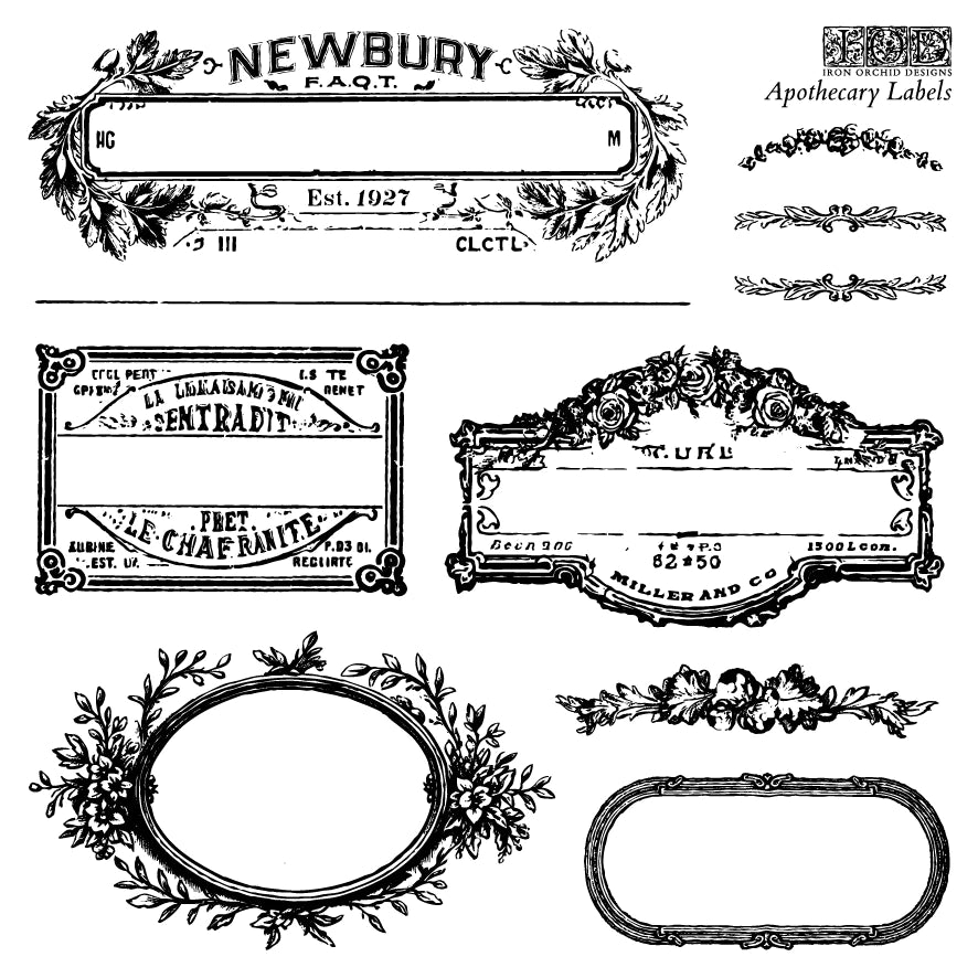 Apothecary Labels 6 x 6 stamp set with case- IOD Decor Stamp