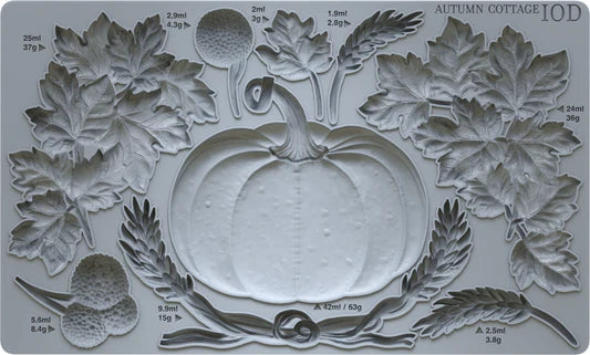 A craft mould featuring various fall-themed designs, including a pumpkin, wheat, and leaves, with measurements for each design.