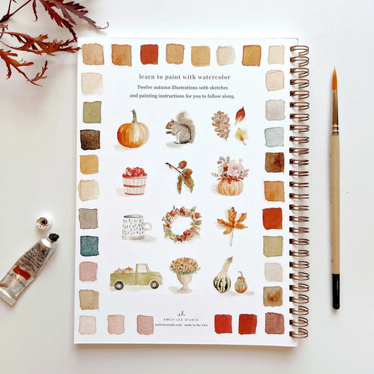 Back cover of Autumn watercolor workbook with 12 example illustrations in fall colors.