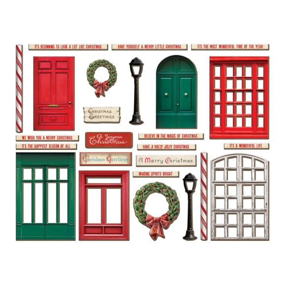 Collection of Christmas-themed window chipboard decor including doors, windows, wreaths, and signs on a white background.