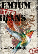 A sample image of decoupage paper with a colorful hummingbird design, labeled 'Sample' and 'BEANS' on the sides.