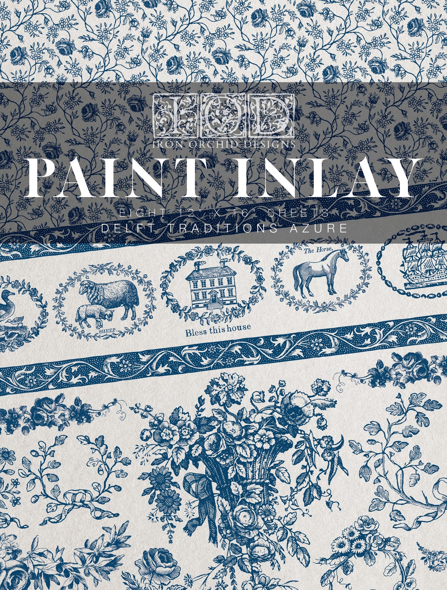 Front cover of "Delft Traditions Azure" by IOD, featuring floral and farmhouse designs from the Netherlands and delft culture.