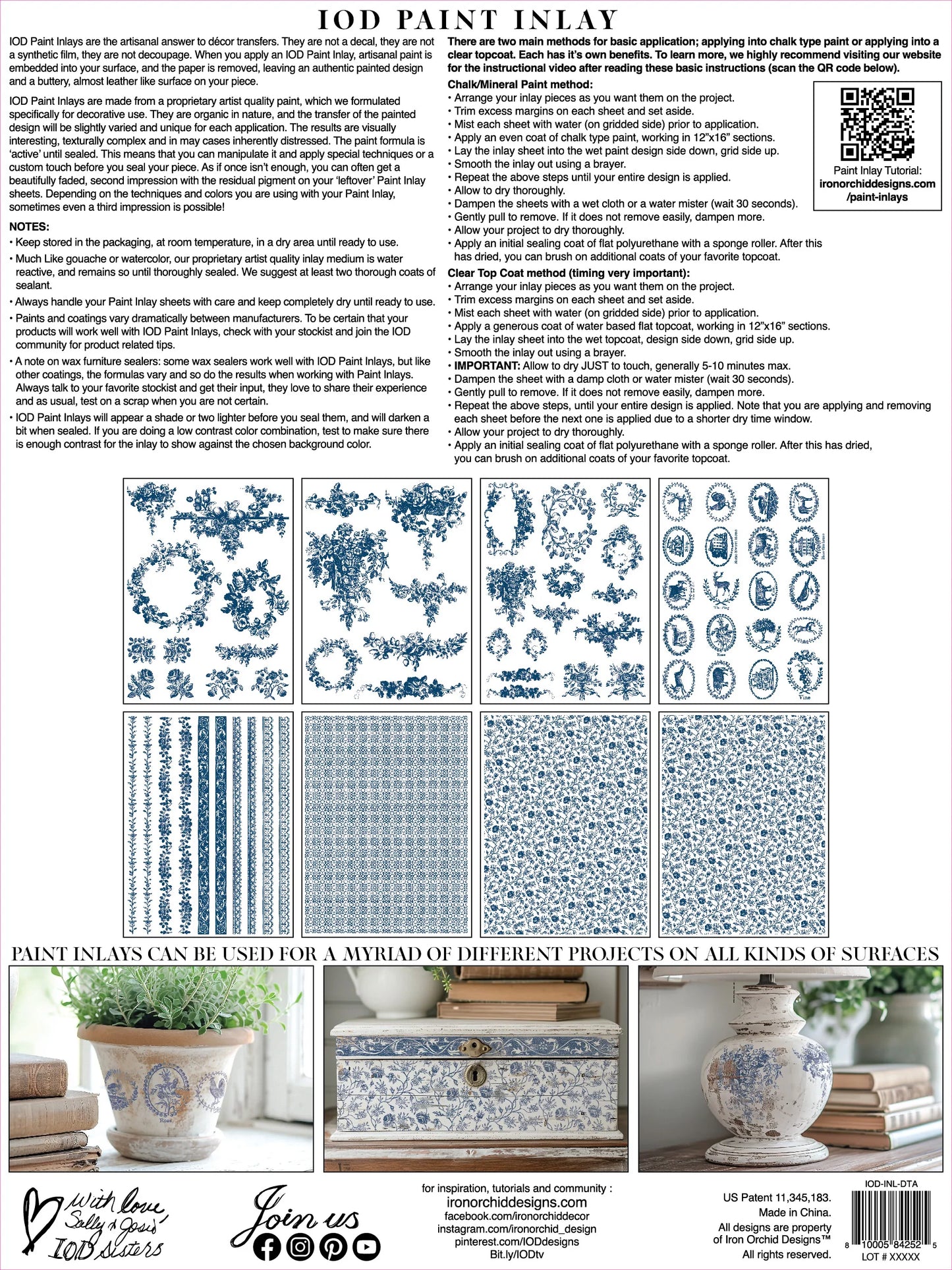Back cover of "Delft Traditions Azure" inlay with instructions and previews of blue floral inlay sheets.