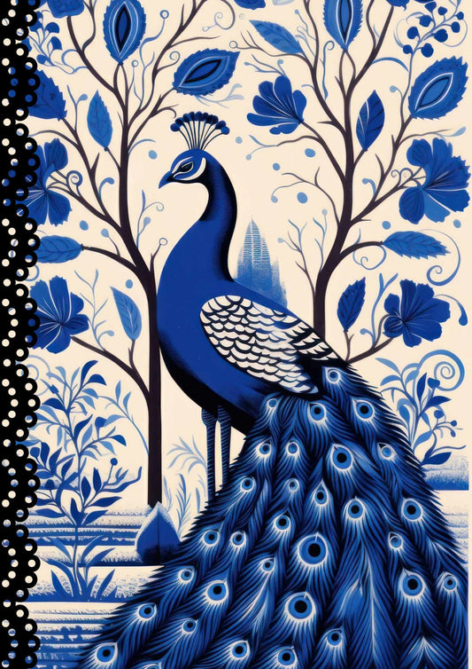 An A3 size decoupage paper of a blue and white peacock with blue trees behind him.