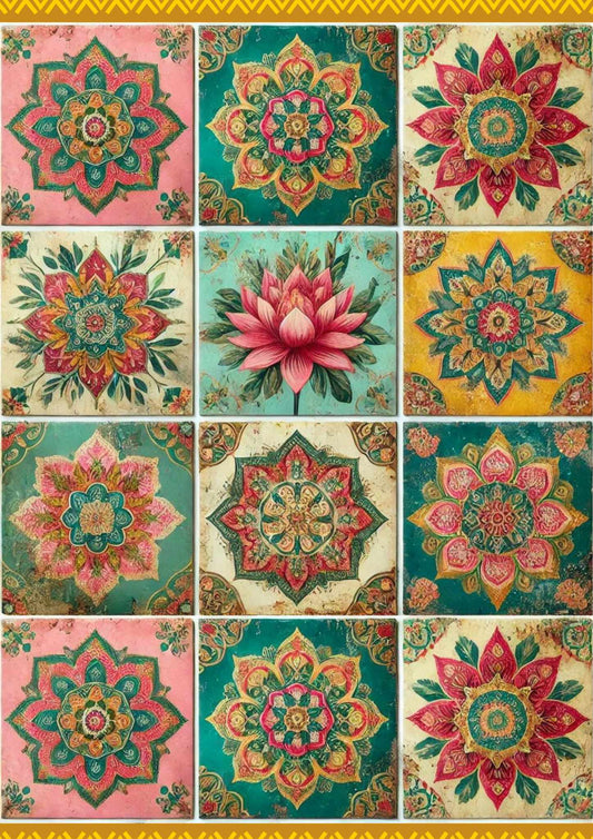 An A3 size sheet of Made by Marley decoupage paper called "Boho Tile", featuring 12 different mandalas or flowers, each centered in a bohemian style tile.