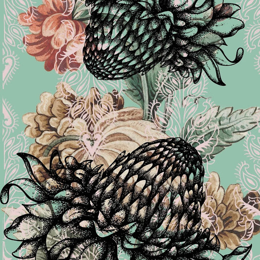 Previews of three different A3 size decoupage papers, each with sketched and painted wildflowers on a blue background.