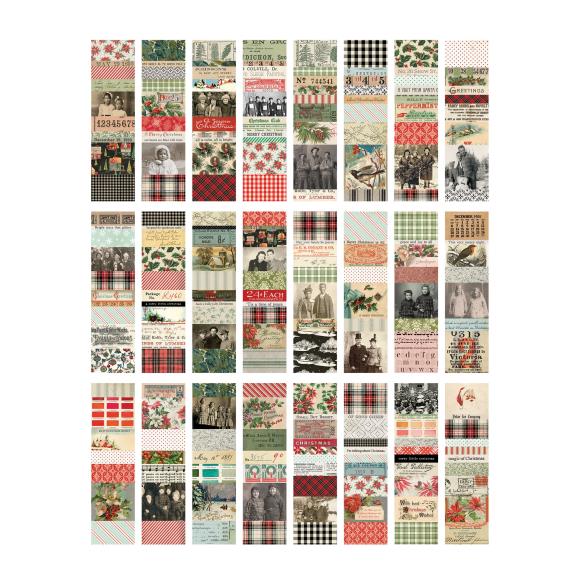 Collection of vintage-style patterned paper strips on a white background