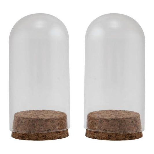 Two clear dome-shaped containers with cork bases on a white background