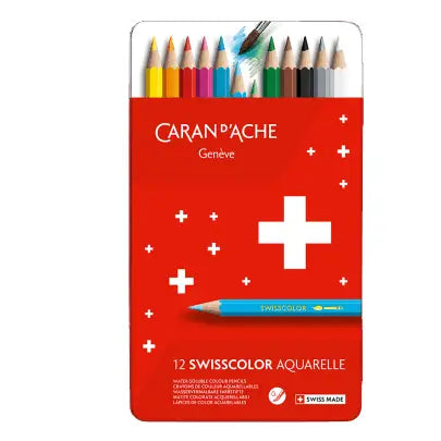 Set of 12 Water-Soluble Pencils Swisscolor in Metal Box