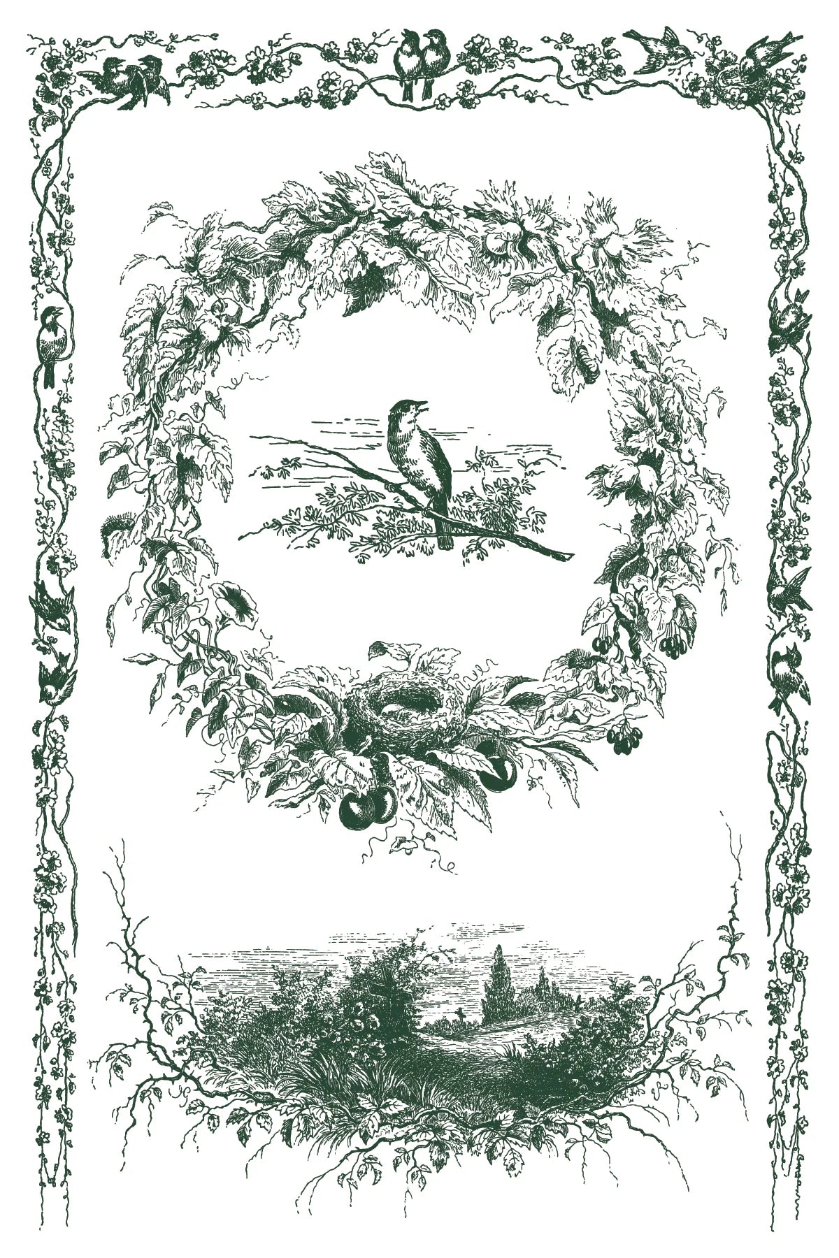 A paint inlay sheet featuring a decorative frame with birds and foliage, featuring a central landscape scene.