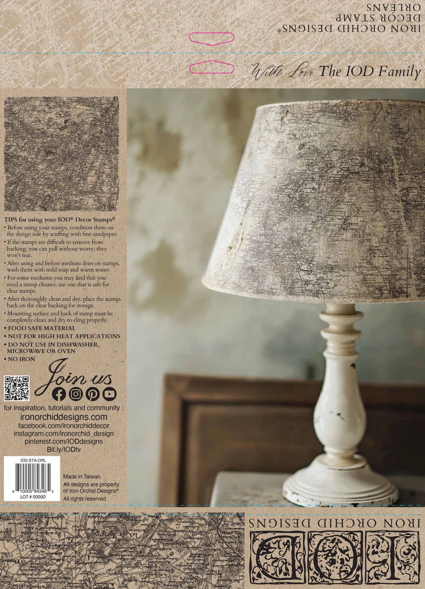 Back cover of the IOD stamp Orleans with an example stamp on a canvas lamp shade, as well as instructions on using IOD stamps.