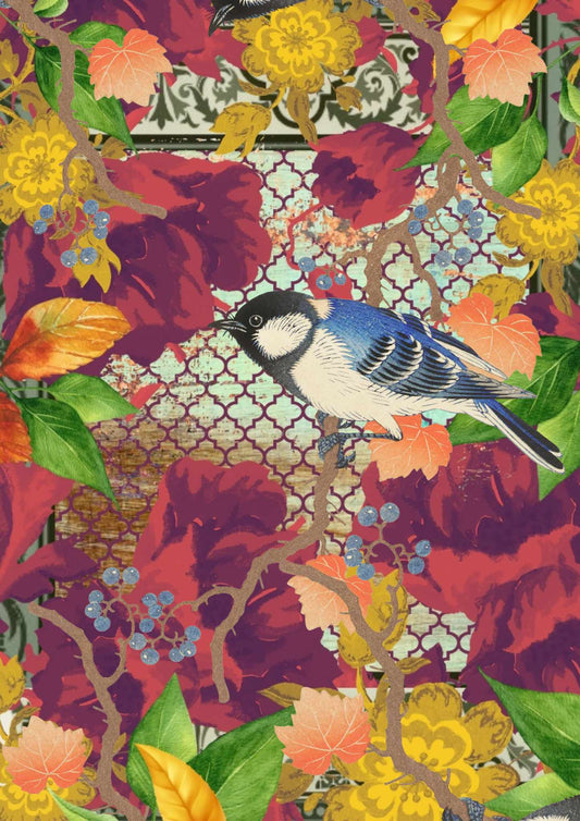 An A3 size decoupage paper with yellow and red flowers, and a bluebird sitting on a branch with a chain fence behind it.