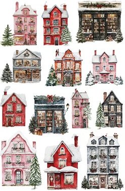 Collection of stylized winter houses in various colors and designs.