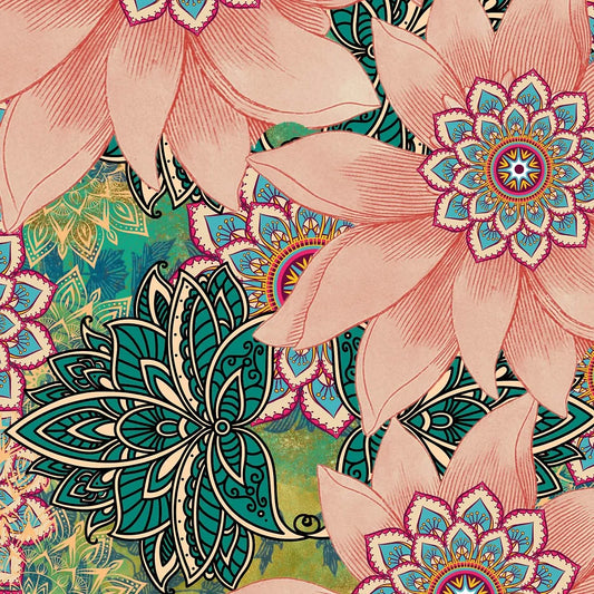 An A3 size sheet of decoupage paper with layered flowers and mandalas.