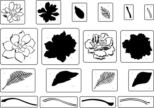 A black and white image of multiple flowers, ferns, and leaf stencils.