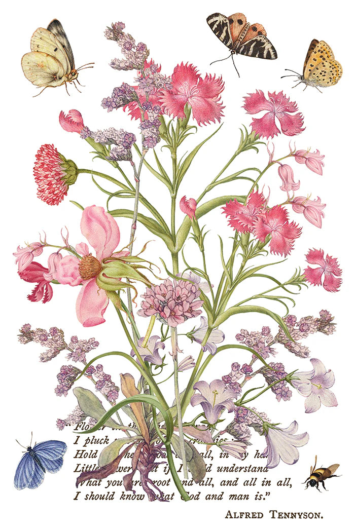 Transfer sheet with an illustration of flowers and butterflies with a quote by Alfred Tennyson on a white background
